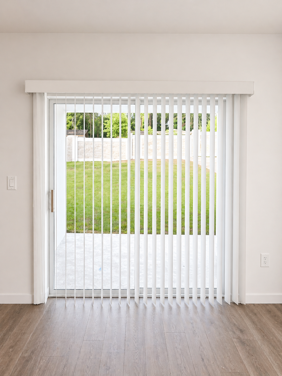 Vertical blind open on sliding door